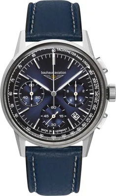 A close-up studio shot of a men's chronograph watch with a blue dial and a blue leather strap.