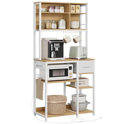 Produktbild von VASAGLE Küchenregal mit Steckdosen, Standregal, Mikrowellen-Regal, verstellbare Ablagen, Stoffschublade, 12 Haken, 40 x 80 x 180,4 cm
