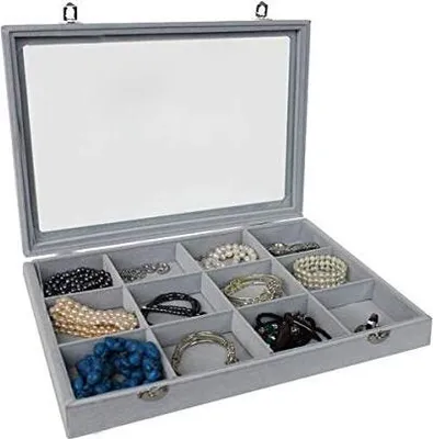 Produktbild von Schmuckkasten Schmucklade Schaukasten Schmuckdisplay mit Glasdeckel 12 Fächer grau