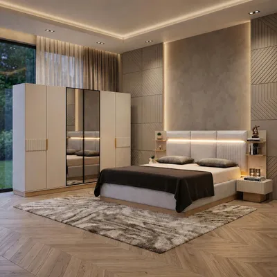 Productafbeelding van Slaapkamer set: bed, nachtkastjes, kledingkast, stijlvolle meubels, AI-gegenereerde afbeelding