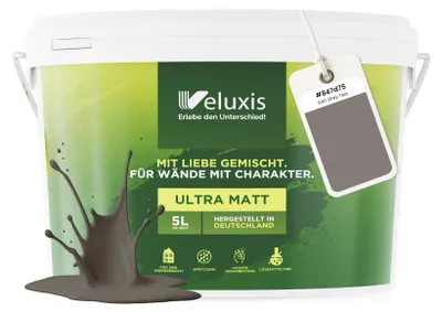 Produktbild von Wandfarbe Grau Braun Anthrazit Matt Innenfarbe – Deckkraft Klasse 1, VOC-frei, Ohne Grundierung, Tropfarm – Wohnzimmer & Schlafzimmer – 5L – Veluxis (Earl Grey Tea)