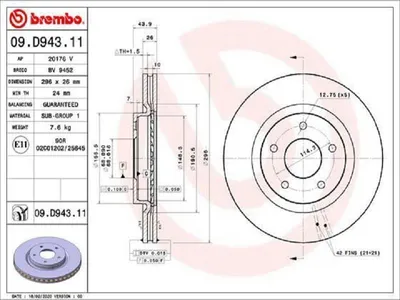Produktbild von 2x BREMBO Bremsscheibe 09.D943.11 für RENAULT Koleos II (HC_) 44mm 296mm