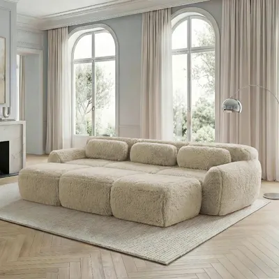 Image de Canapé moelleux « Boneless Cloud » avec 3 poufs, 3 places, canapé-lit, 291 x 179 x 73 cm, kaki