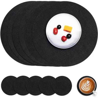 Productafbeelding van Tafelsets, vaatwasmachinebestendig, lederlook, rond, diameter 36 cm, set van 6, zwart