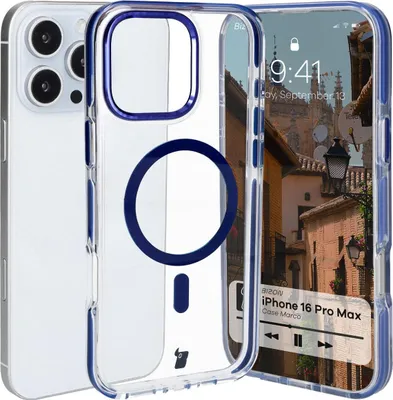 Obrázok produktu pre Puzdro na mobilný telefón s magnetickým krúžkom pre iPhone 16 Pro Max, Bizon Case Marco, transparentné s modrým rámom