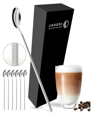 Produktbild von Design Latte Macchiato Löffel 19 cm - 6 lange Löffel in mattem Silber - Hochwertige Kaffeelöffel aus rostfreiem Edelstahl - Stabile Eislöffel, spülmaschinenfest
