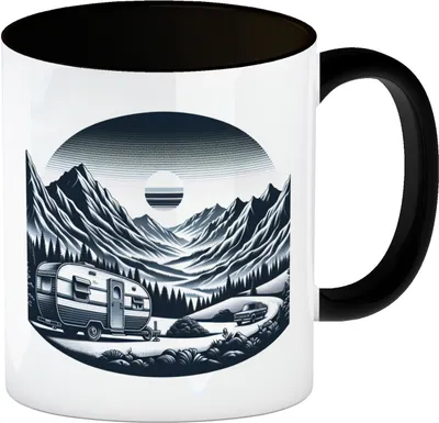 Produktbild von Camping in den Bergen Kaffeebecher in schwarz