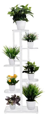 Produktbild von Metall Blumenständer mit 6 Ebenen, moderne Pflanzentreppe für Innen- und Außenbereich, mehrstöckiges Blumenregal in Schwarz und Weiß