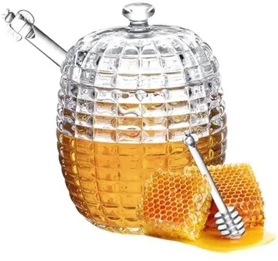 Produktbild von Kristallhoningbehälter mit 1 Esslöffel, Honigbehälter, Honingleppler und Set, handgefertigter Honigbehälter in Bienenkorbform mit 255 ml Fassungsvermögen.