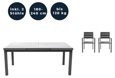 Produktbild von HOME DELUXE - Gartentisch ausziehbar - CALIDO - ca. 180 (240) x 97,5 x 76,5 cm - inkl. 2 Stühlen, Gestell Aluminium, Tischplatte Glas - inkl. Zubehör I Gartenmöbel Ausziehtisch Balkonset