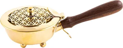 Produktbild von Räucherpfanne Messing Gold mit Holzgriff L: 20cm Blume Des Lebens Für Weihrauch