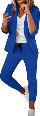 Produktbild von ASKSA Damen Mittellangen aermel Hosenanzug Elegant Business Anzug Set Freizeitanzug, Blau, Groesse: XL