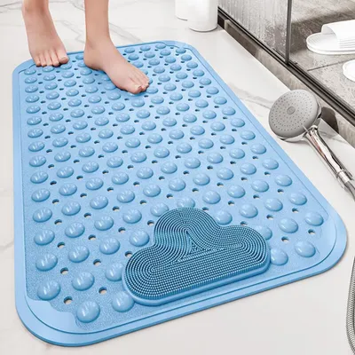 Image de Tapis de douche antidérapant, 80x50 cm, en TPE, de couleur bleue, avec fonction de massage des pieds et ventouses