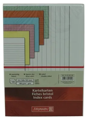 The image shows the packaging of index cards with different colored sheets visible.