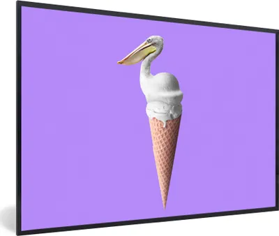 Produktbild von MuchoWow® Gerahmtes Poster Eiscreme - Vogel - Pelikan - Weiß - Eistüte 30x20 cm - Poster mit Schwarzem Bilderrahmen Wandposter Rahmen Foto Bilder - Kunstdruck - Bild-Poster