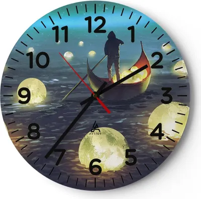 Produktbild von Wanduhr - Rund - Glasuhr - Boot Wasser Märchen - 40x40cm - Schleichendes Uhrwerk - Lautlos - zum Aufhängen bereit - Dekoration Modern - Wanddekoration aus Glas - C4AR40x40-4002