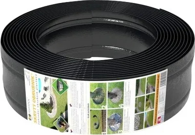 A roll of black plastic garden edging is shown against a white background. The product has a label wrapped around it with images of its use in gardens.
