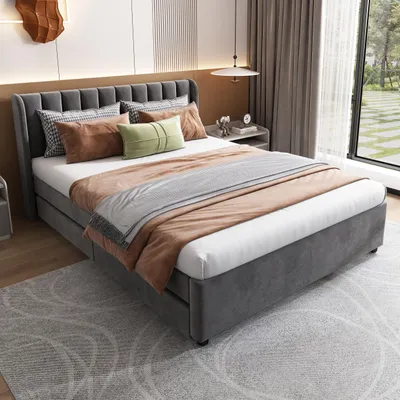 Imagen del producto de Cama tapizada Zerbaco, cama de matrimonio, 140x200 cm, con cajones, color gris, con somier, sin colchón