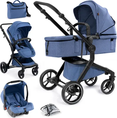 Produktbild von Bergsteiger Lugo Kinderwagen, Farbe: blue / Gestell: black, Kombikinderwagen Komplettset inkl. Zubehör - Babyschale, Buggy-Aufsatz, Sonnenschutz & Wetterfußsack | Isofix Station erhältlich