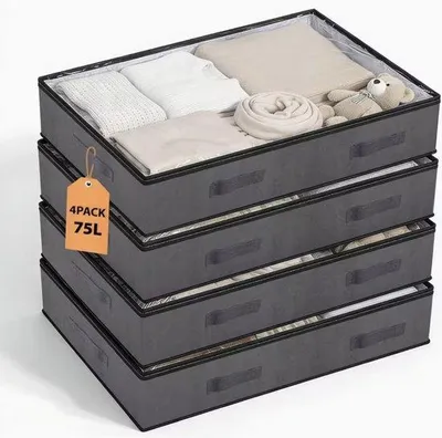 Image de Coffre de rangement en tissu gris avec double fermeture, 75 L, pliable, 4 pièces, pour le lit, le déménagement, les vêtements