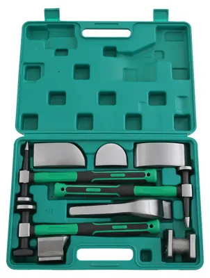 Produktbild von 9-teiliges Karosserie Ausbeulset - Blechhammer und Amboss - 45# Stahl - Manuell - Schwerlast - Mit Aufbewahrungskoffer - Grün
