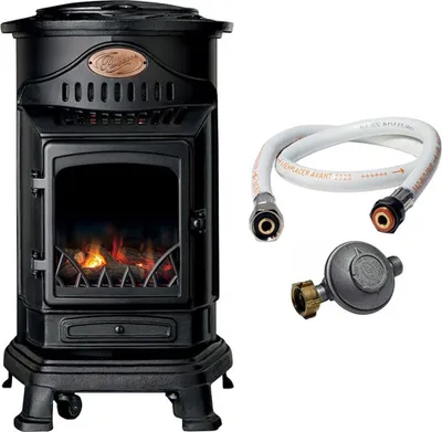Image de Poêle à gaz 3,4KW NOIR Fonte Véritable Effet feu de bois + Tuyau gaz + Détendeur butane Provence UNIVERSAL