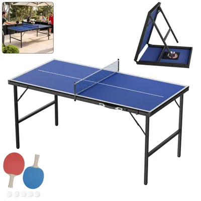 Zdjęcie produktu dla XMTECH Składana stolik do ping-ponga, 152,5x76 cm, wykonany z MDF, mini zestaw do gry w ping-ponga do użytku w pomieszczeniach, z siatką, rakietkami, piłkami i torbą. Składany, oszczędzający miejsce, kolor niebieski