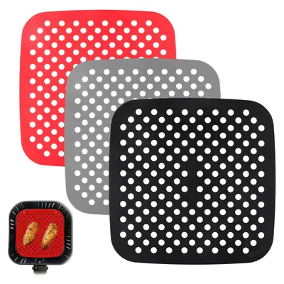 Produktbild von 3 Silikon-Backmatten für die Heißluftfritteuse, 21,5 x 21,5 cm, wiederverwendbar, quadratisch, perforiert, antihaftbeschichtet, Silikon-Backpapier, Zubehör für Heißluftfritteusen