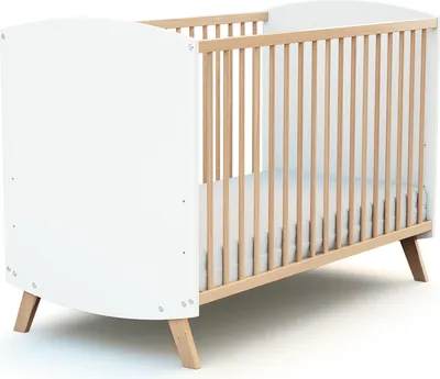 Image de AT4 - Lit bébé en bois 60 x 120 cm SCANDINAVE Blanc et Hêtre| en Bois | Dès la naissance | Confort de sommeil | Sommier à lattes | Lit à barreaux |Sommier réglable 3 hauteurs