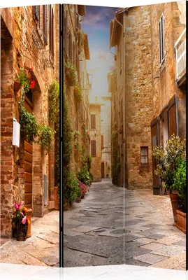 Produktbild von 3-teiliger Einseitiger Vlies Paravent - Colourful Street in Tuscany 135x172 cm Städte d-B-0077-z-b