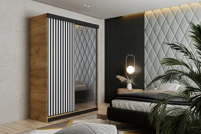 Produktbild von Schiebetürenschrank MALANI 138x205, Schrank, Garderobe, 2-türig, Kleiderschrank, mit Spiegel - Eiche (Korpus) + Weiß (Tür) + Schwarz (Lamellen)