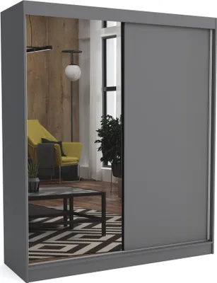 Produktbild von Kleiderschrank JOHN ANTHRACITE, 180x60x215 cm– mit Schiebetüren & Spiegel, Kleiderstange & Regalfächer, Schlafzimmerschrank, Garderobenschrank, Modern