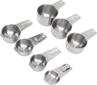 Zdjęcie produktu dla 7-częściowy zestaw kubków pomiarowych ze stali nierdzewnej do układania w stosy, wielofunkcyjny zestaw metalowych kubków pomiarowych do narzędzi kuchennych