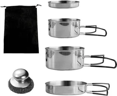 Produktbild von Camping-Kochgeschirr-Set, 9-teilig, Outdoor-Kochutensilien, Edelstahl, für 2-3 Personen, faltbares Outdoor-Kochgeschirr, Camping-Geschirr, Topf, für Picknick, Camping, Wandern