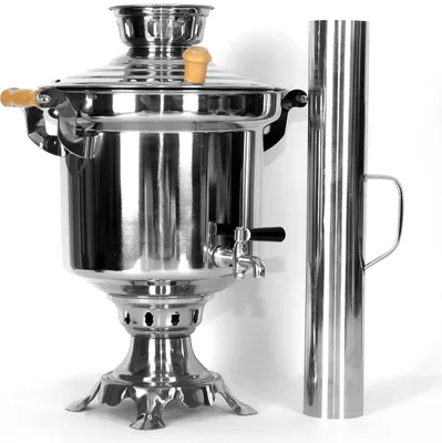 Produktbild von Samowar 5 L aus Edelstahl mit Schornstein Holzkohle Русский самовар на дровах Charcoal Tea Maker with Chimney Rohr Russischer Samovar