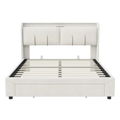 Image de Fortuna Lai Lit double rembourré 160×200cm avec LED et connexion USB, lit hydraulique avec tiroir de lit et compartiments de rangement en velours