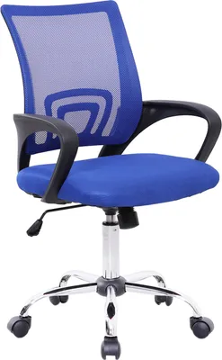 A blue office chair with a mesh back and fabric seat, shown from the front on a white background.