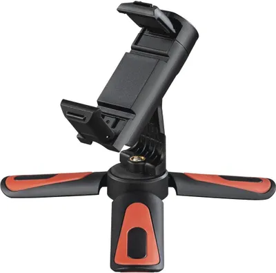 A black and orange smartphone tripod is shown against a white background.