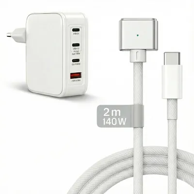 Produktbild von 120W USB C Ladegerät 4-Port + 140W MagSafe 3 Kabel Silber 2m für MacBook Pro Air M1 M2 M3 M4 M5 – Netzteil Adapter 3x USB-C 1x USB-A