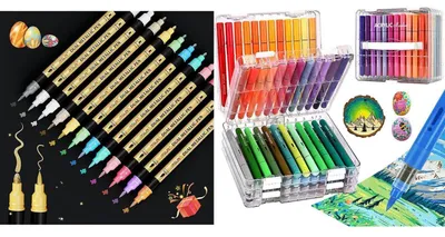 Image de Set de marqueurs 12 couleurs métallisées + 60 marqueurs acryliques résistants à l'eau, adaptés à toutes les surfaces, avec double embout