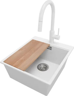 Produktbild von PRIMAGRAN Granitspüle Weiß 43x50cm, Spülbecken 1 Becken + Küchenarmatur 40x20cm + Ablauf-Set + Schneidebrett, Küchenspüle ab 45er Unterschrank - Oslo