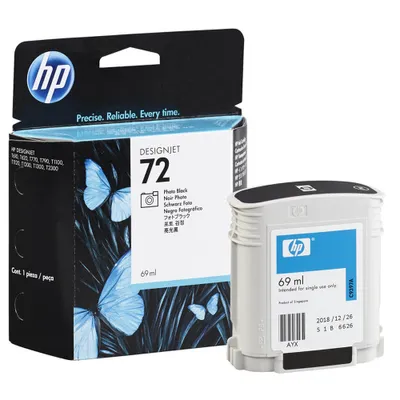 Produktbild von HP Cartouche d'encre noire photo n°72 69-ml avec encre Vivera, HP DesignJet T610 Printer series, T620 Printer series, T770 Printer series, T1100 Printer series,..., Thermal Inkjet, Schwarz, Singapur, 140 mm, 38 mm
