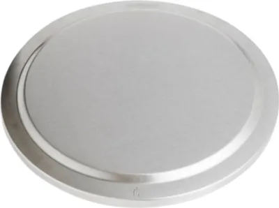 A silver, circular lid is shown from a slightly elevated angle against a white background.