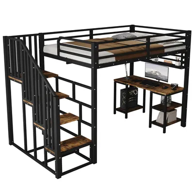 Produktbild von Hochbett mit Schreibtisch und Regal (120x200 cm) Kinderbett mit Rausfallschutz und Treppe, Metallbett