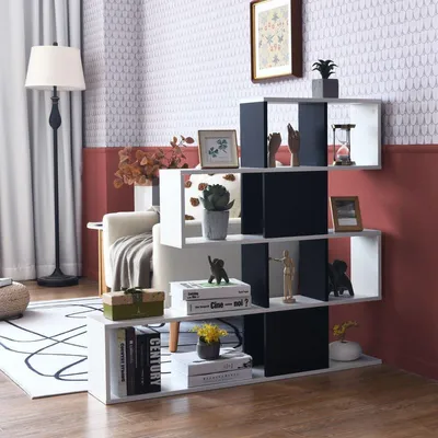 Produktbild von Moderner 5-stöckiger Raumteiler im Leiterstil aus Holz für Bücher 120 x 19,5 x 109 cm Schwarz & Weiß