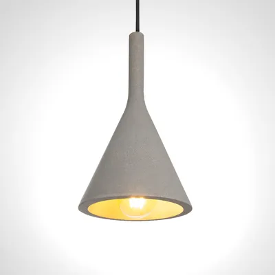 A pendant light with a concrete-stone-gray cone-shaped shade and a yellow interior, suspended against a white background.