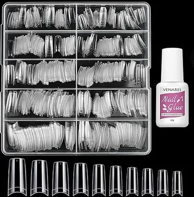 Produktbild von Nageltips für Gelnägel,  500 Stücke Acryl Künstliche Nägel 10 Größen Nageltips mit Kleber, Acryl Künstliche Nagelspitzen Set (Transparent)