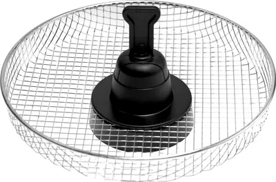 A close-up, studio shot of a round wire basket with a black handle and base in the center.