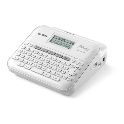 A white Brother P-touch D410 desktop label maker is shown against a white background.