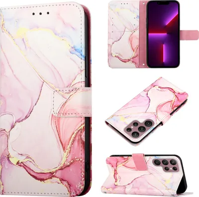 Image de Étui pour Samsung Galaxy S23 Ultra, étui en cuirPolyuréthaneavec motif marbré, pochettes pour cartes, étui avec support rose rouge
